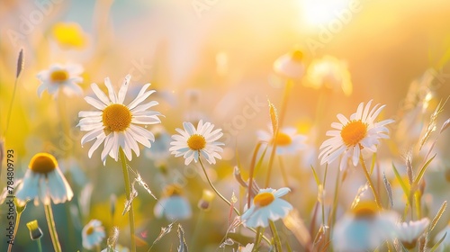 Beautiful summer natural background with white yellow daisies, cloves and dandelions in the grass against the morning dawn. Ultra-wide panoramic landscape, banner format. ,Generative ai, 