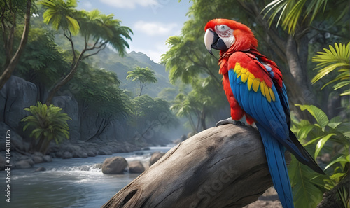 A large multi-colored Makau parrot  sitting on a tree branch by the lake