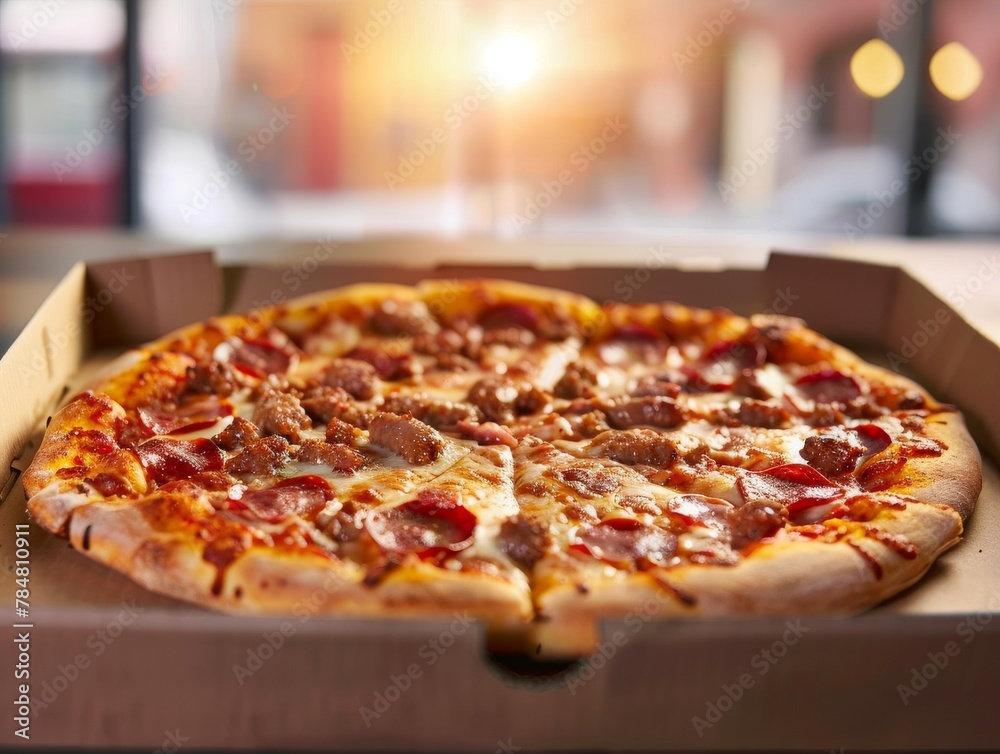 Sausage Meat Cheese Pizza Slice Whole Box Background Image