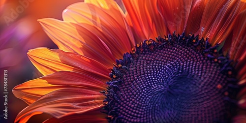 photo closeup of sunflower, orange petals, purple center 