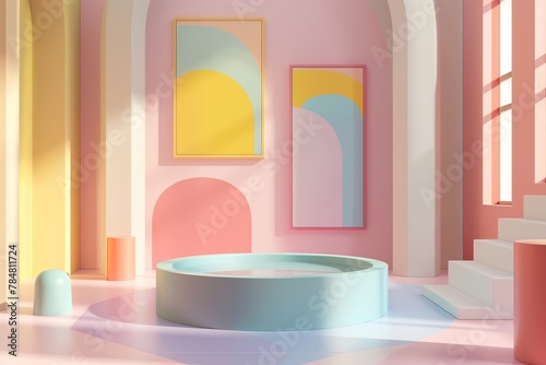 This image captures a serene pastel-colored room with abstract art pieces  ideal for showcasing artistic products or interior design concepts.