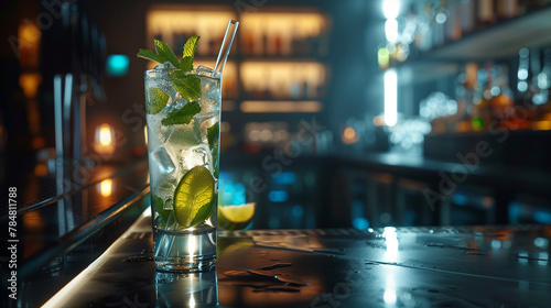 Mojito cocktail with mint leaves on a bar counter