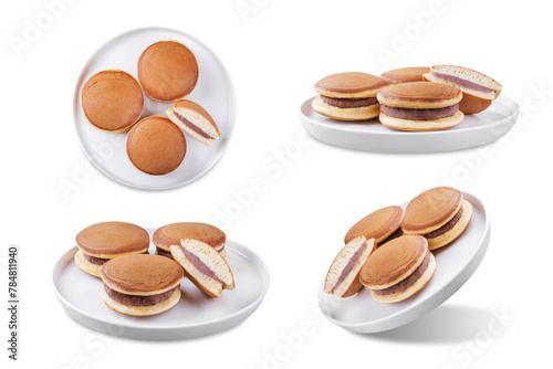Dorayaki, japanese red bean paste pancakes on a white isolated background