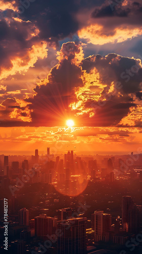 Time-lapse of a sunrise/sunset over a city skyline, realistic natural science photography, copy space