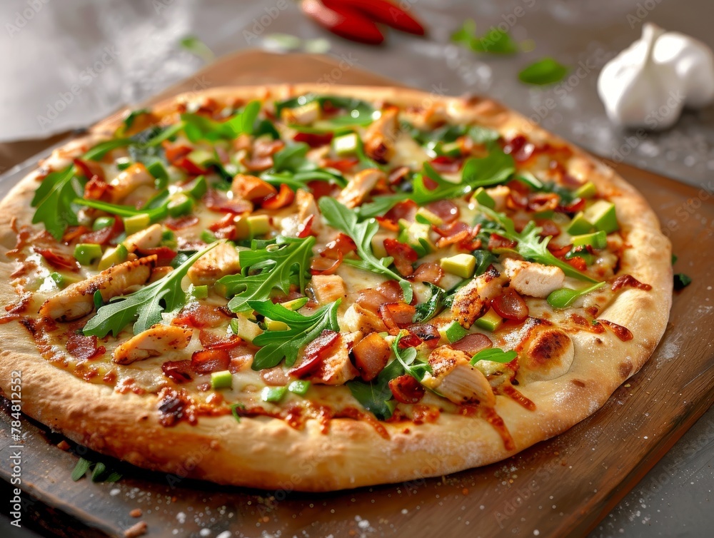 Pizza California Club Avocado Chicken Arugula Mozzarella Cheese Slice Whole Box Background Image