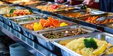 A commercial buffet - all you can eat with serving staff and stainless steel serving dishes keeping food hot and prepared for customers
