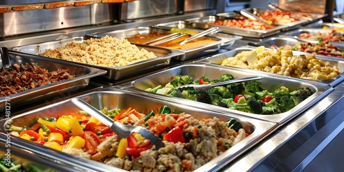 A commercial buffet - all you can eat with serving staff and stainless steel serving dishes keeping food hot and prepared for customers photo