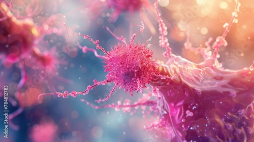A closeup image of a dendritic cell presenting antigens to Tcells initiating an immune response. The dendritic cell is covered in