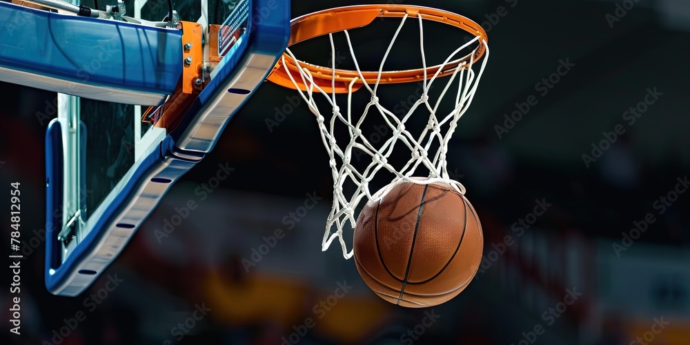 Basketball in a hoop and net with backboard - professional basketball hope - scoring a point nothing but net