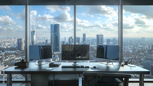 Modern workplace with computer monitors, keyboard and mouse on the background of a panoramic window overlooking the city. 