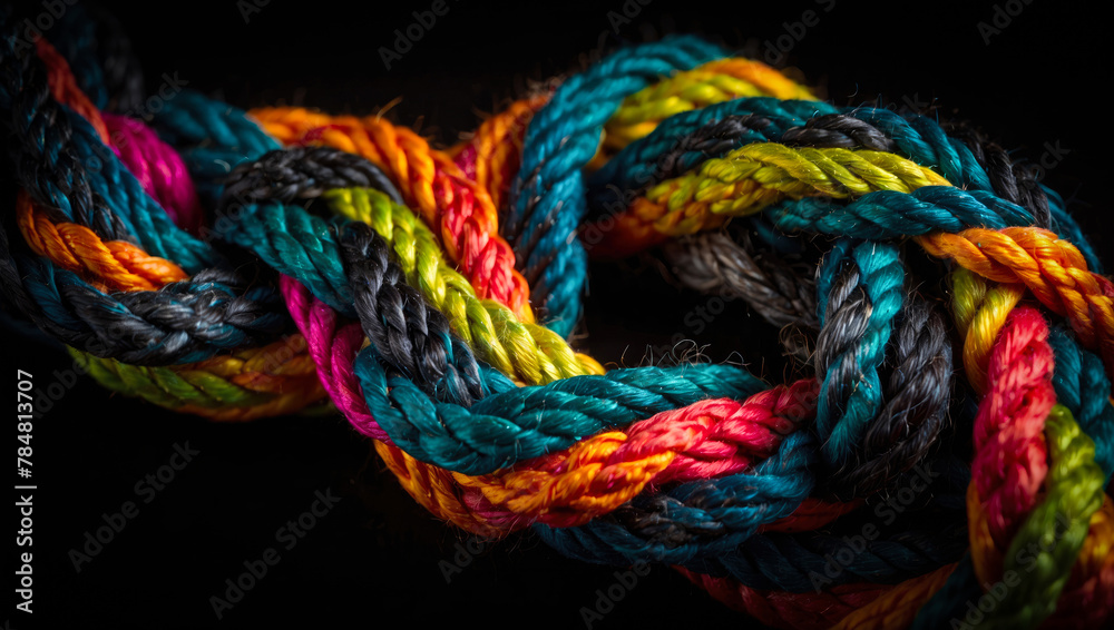 hemp rope threads of various colors knotted together - concept of solidarity cooperation between teams