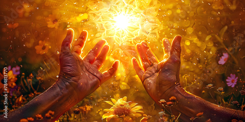 Human hands open palm up with a banner of the bright sky in the background, ai generated.	