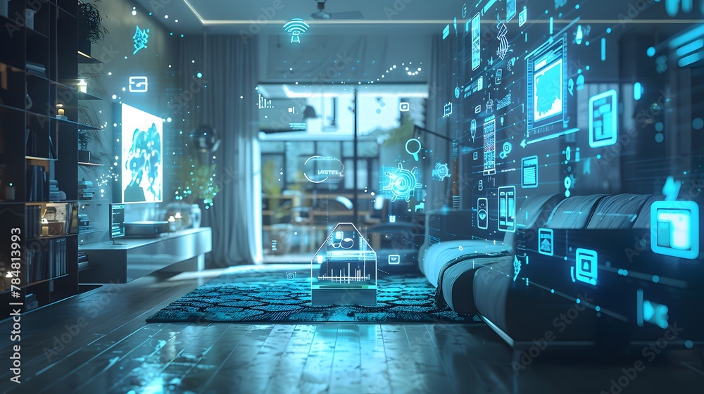 Concept art of a digital smart technology in a house, flat. Holograph ...