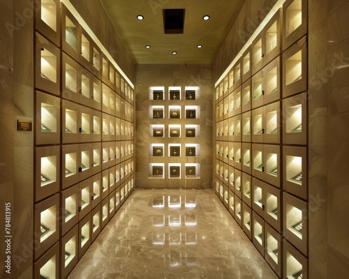 Urns with ashes in a columbarium wall 