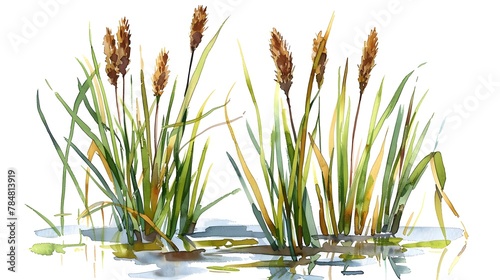 Watercolor hand drawn illustration of reed cattail typhus in a water river. Flora of rivers and swamps