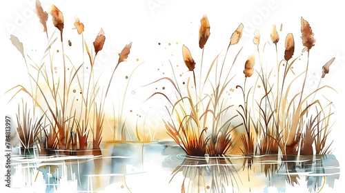 Watercolor hand drawn illustration of reed cattail typhus in a water river. Flora of rivers and swamps photo