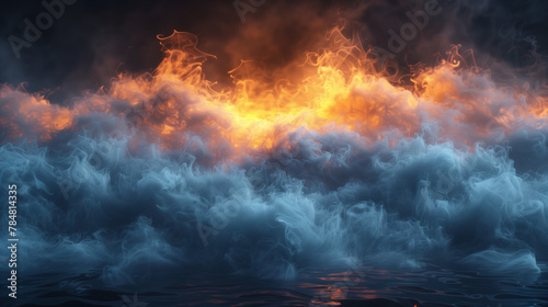 A fire and water scene with orange and blue flames