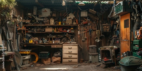 Rustic tool shed filled with greasy and dirty tools for handyman