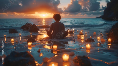 A serene beach with a person sitting crosslegged on a blanket surrounded by candles and crystals while practicing mindful breathing. photo