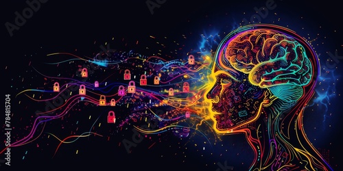 Vivid Neural Connection: Colorful Digital Brain Activity with Floating Padlocks, Symbolizing Complex Cybersecurity Challenges