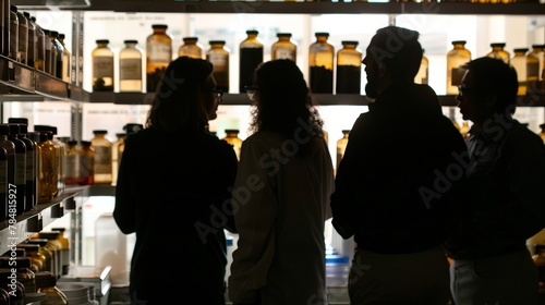 In the corner of the lab a group of researchers confer with backs to the camera bodies silhouetted against shelves lined . .
