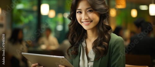 Asian businesswoman working using digital tablet technology in corporate office meeting room
