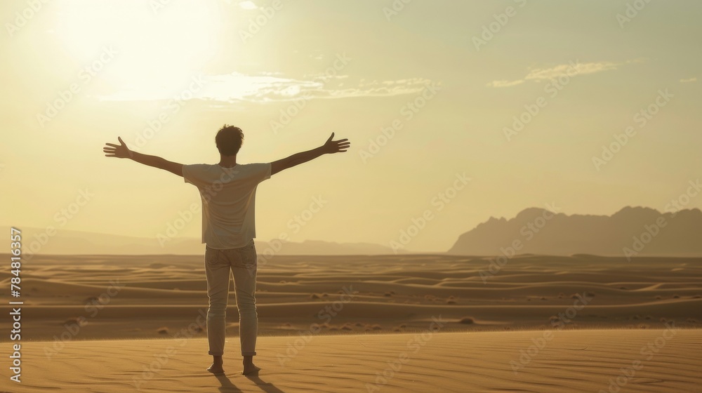 Fototapeta premium A lone figure stands with arms outstretched embracing the quiet stillness of the desert landscape behind them. . .