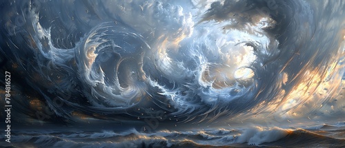 Turbulent Skies, illustrating the dramatic impact of extreme wind on the environment, with swirling clouds and flying objects, highlighting the ferocity of windstorms photo