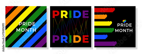 LGBT Pride Month poster. Collection of modern black square banner templates with rainbow colors and geometric shapes for LGBT Pride Month. Vector illustration.