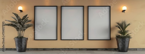 3 vertical black frames for art or painting. Beige yellow warm walls color. Illumination lamps of three exhibition samples in the gallery. 3d rendering photo