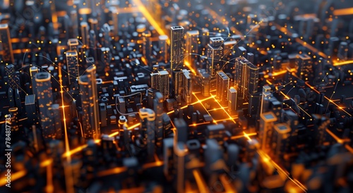 Digital Network of a Smart City with Glowing Data Streams and 3D Buildings