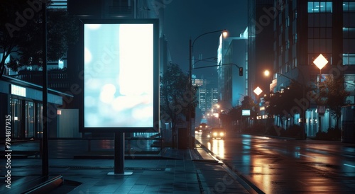 Urban Canvas - Empty Vertical Billboard on a Rainy City Night