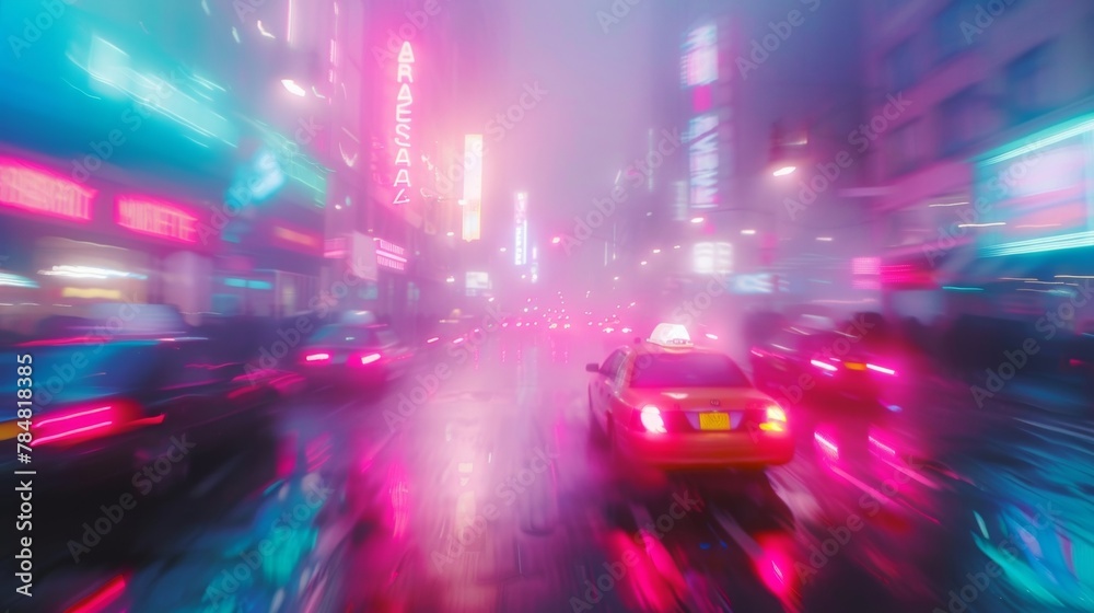 Defocused Haze A misty cityscape blurs into a dreamlike haze while the neon lights of passing cars create a vibrant otherworldly energy. .