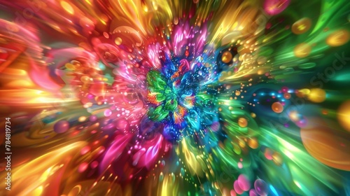 A burst of psychedelic flower patterns in a burst of rainbow hues.