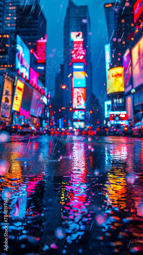 Reflections of neon signs in a rainy cityscape, realistic natural science photography, copy space