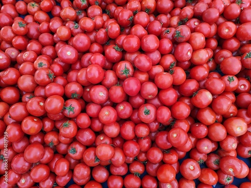 Fresh tomatoes on the market stall for sale, harvested in April 2024