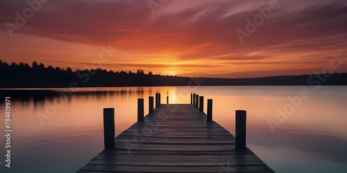  Idyllic Tranquil Lake Scene  Wooden Pier Extending into Dramatic Pink Sunset Sky with Serene Water Reflection and Calm Evening Atmosphere