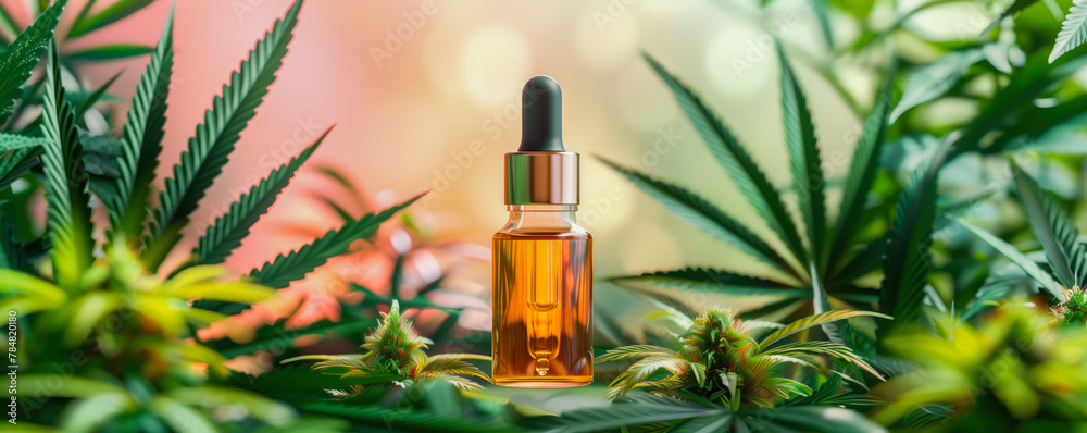 Dropper bottle of CBD oil product. Cannabis oil on a background of leaves and inflorescences of cannabis. Bottle without label. Template for design. Banner with place for text. CBD oil concept Dropper bottle of CBD oil product. Cannabis oil on a background of leaves and inflorescences of cannabis. Bottle without label. Template for design. Banner with place for text. CBD oil concept