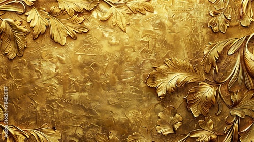 A gold embossed background of flowers and leaves displays an intricate, tactile texture of depth and visual interest. Flowers and leaves carved in relief on the background.