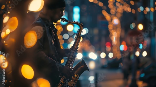 Blurred city lights and bustling streets serve as a backdrop for a hazy image of a jazz musician playing a saxophone capturing the dynamic energy and liveliness of a jazz performance. .