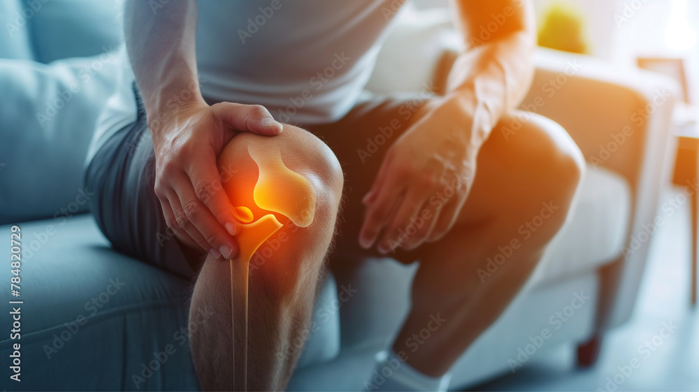 pain in the joints of the knee and lower leg, joint diseases, arthritis, concept of sports and medical anatomy and body health, man on the sofa at home suffering from pain - obrazy, fototapety, plakaty 