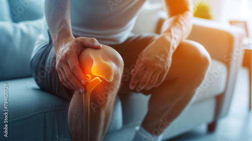 pain in the joints of the knee and lower leg, joint diseases, arthritis, concept of sports and medical anatomy and body health, man on the sofa at home suffering from pain
