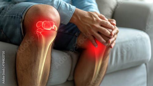 pain in the joints of the knee and lower leg  joint diseases  arthritis  concept of sports and medical anatomy and body health  man on the sofa at home suffering from pain