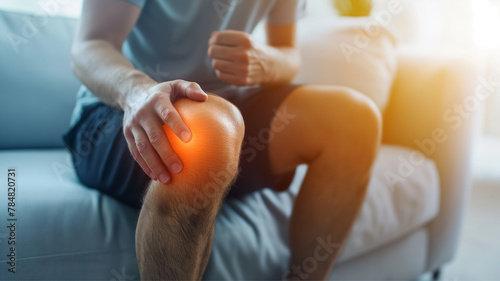 pain in the joints of the knee and lower leg, joint diseases, arthritis, concept of sports and medical anatomy and body health, man on the sofa at home suffering from pain photo