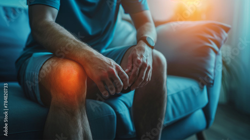 pain in the joints of the knee and lower leg, joint diseases, arthritis, concept of sports and medical anatomy and body health, man on the sofa at home suffering from pain photo
