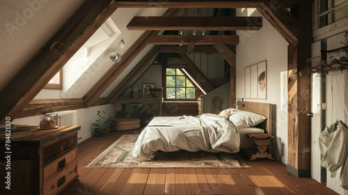 Bedroom of an old house located in the attic