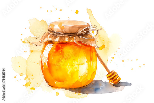 Jar of honey with a wooden drizzler on a white background. Imitation of a watercolor drawing. photo