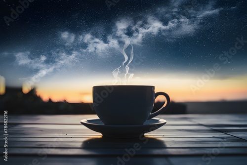 Futuristic sky complements a serene coffee cup scene