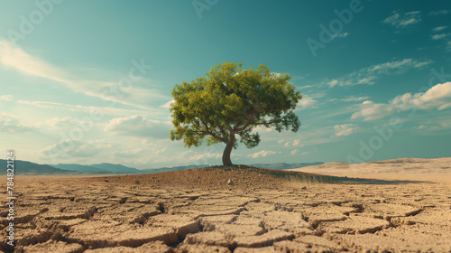 A big green tree in desert or cracked soil