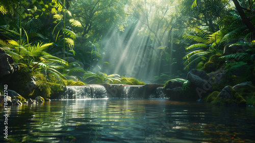 A lush green forest with a stream running through it